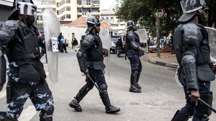 Angolan riot police take position after protests over wages in Luanda.