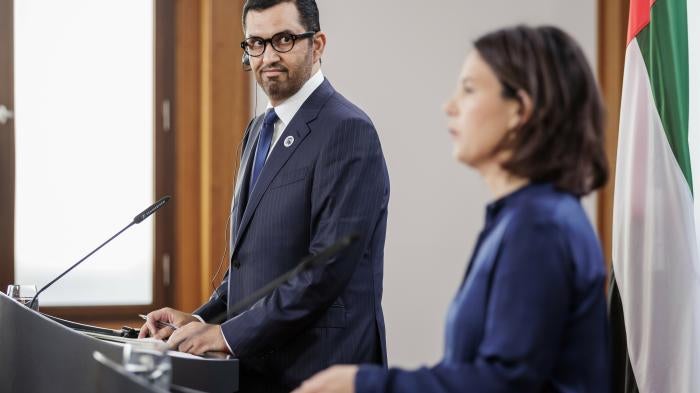Sultan Ahmed al Jaber, the new president of COP28, with the German federal foreign minister, Annalena Baerbock, at the Petersberg Climate Dialogue in Berlin, May 3, 2023. 