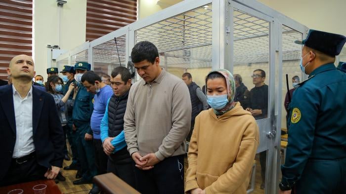  Defendants listen to the verdict in their trial on charges related to the July 2022 protests in Nukus, the main city in Karakalpakstan, at a court in Bukhara, Uzbekistan on January 31, 2023.