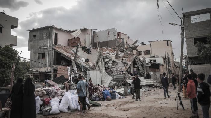 A three-story house that reportedly had 30 members of one Palestinian family destroyed by Israeli airstrikes, in the Al-Zaytoun neighborhood of Gaza, May 13, 2023. 