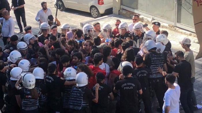 Istanbul police surround and detain activists handing out leaflets announcing a July 20 commemoration of the Suruç bombing eight years earlier in which 33 young socialist activists died, in Kadıköy, Istanbul, July 17, 2023