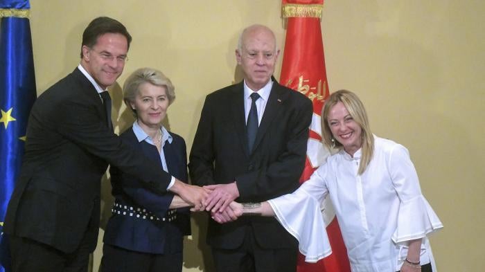 Netherlands' Prime Minister Mark Rutte, left, European Commission President Ursula von der Leyen, Tunisian President Kais Saied, centre, right and Italian Prime Minister Giorgia Meloni, right, at the presidential palace in Carthage, Tunisia, July 16, 2023. 