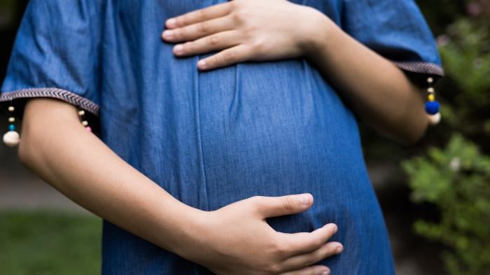 Pregnant woman holding her belly. 