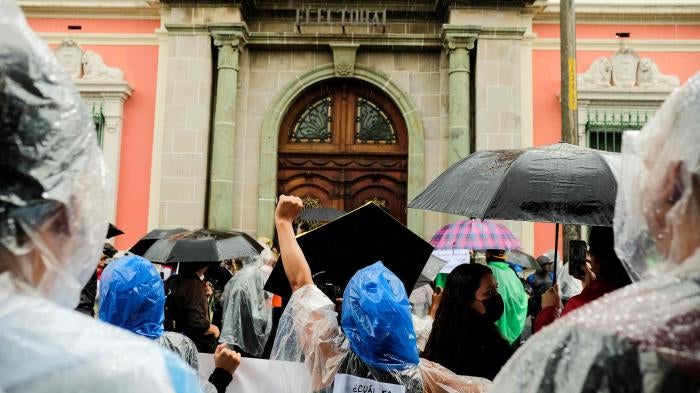 Demonstrators protest outside the Supreme Electoral Tribunal (TSE) demanding authorities respect the voting results of the first round of Guatemala's presidential election, in Guatemala City, Guatemala, July 8, 2023.