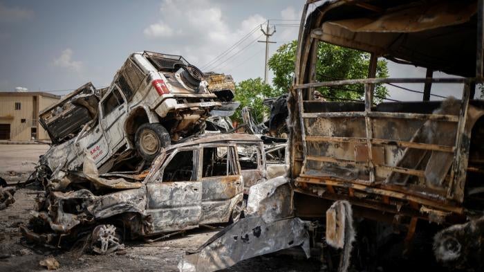 Burnt vehicles are pictured following clashes between Hindus and Muslims in Nuh district of the northern state of Haryana, India, August 1, 2023.