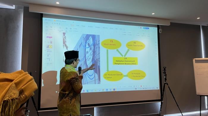Imam Nakha’i of the National Commission on Violence Against Women discussing the 120 mandatory hijab regulations, 73 of which are still in force, in Jakarta, Indonesia, August, 14, 2023. 