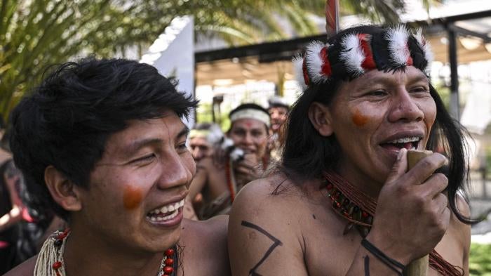 Members of the Waorani Indigenous community demonstrate for peace, for nature and to promote a Yes vote in a referendum to end oil drilling in the Yasuni National Park, Ecuador, August 14, 2023. 