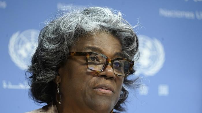 inda Thomas -Greenfield, US Ambassador to the UN, updates the press on her agenda as she assumes the presidency of the Security Council for the month of August at the United Nations Hheadquarters on August 1, 2023 in New York City, US.
