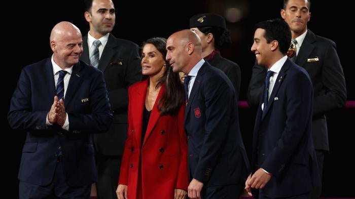  Spanish football federation president, Luis Rubiales talks to Queen Letizia of Spain on stage during the FIFA Women's World Cup Australia & New Zealand 2023 Final match between Spain and England at Stadium Australia on August 20, 2023 in Sydney, Australia.