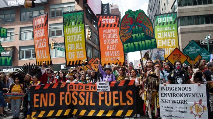 An estimated 75,000 people took part in a march in New York City to “End Fossil Fuels” on September 17, 2023. 