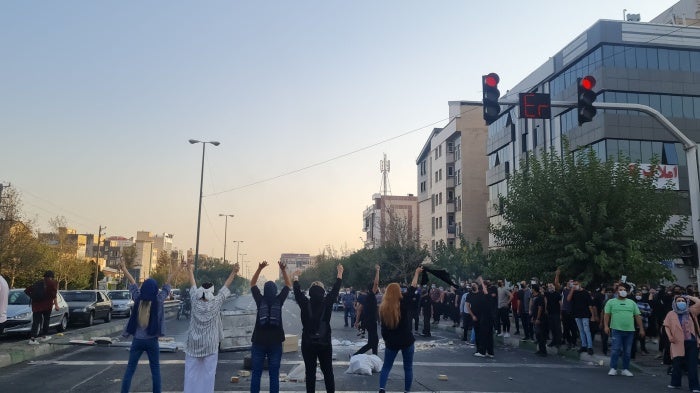 Iranian women, defying the mandatory hijab rule, take to the streets during nationwide protests that started after 22-year-old Mahsa (Jina) Amini died on September 16, 2022 in the custody of Tehran’s “Morality Police,” October 1, 2022.
