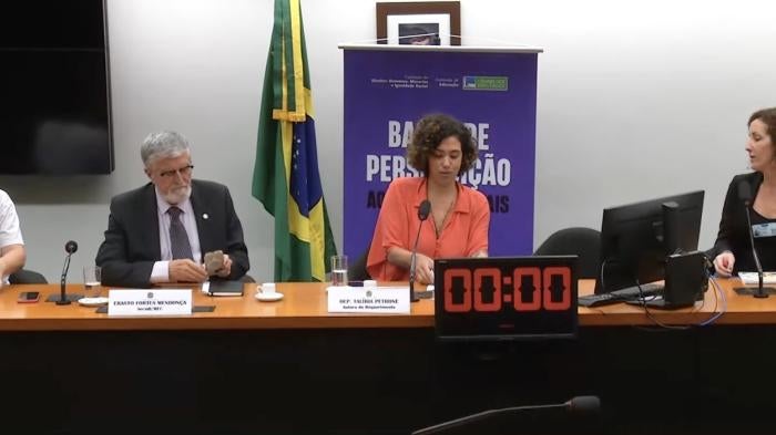 A public hearing on the “harassment of teachers in Brazil” held by the Education and Human Rights committees of the Chamber of Deputies on October 30, 2023. 