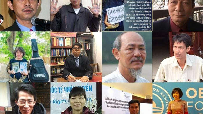 Twelve Vietnamese rights activists and bloggers currently detained for exercising their basic rights. Top row from left to right: Tran Huynh Duy Thuc, Hoang Duc Binh, Dinh Van Hai, Nguyen Tuong Thuy. Center row:  Pham Doan Trang, Le Trong Hung, Pham Chi Thanh, Pham Chi Dung. Bottom row: Nguyen Lan Thang, Can Thi Theu, Dang Dinh Bach, Hoang Thi Minh Hong.