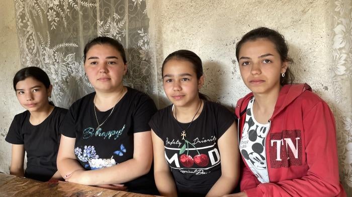 Ariana, 11, Agnessa, 22, Melinda, 12, and Amanda, 18, in Tatev, Armenia, the day after their long journey from Nagorno-Karabakh, September 29, 2023. 