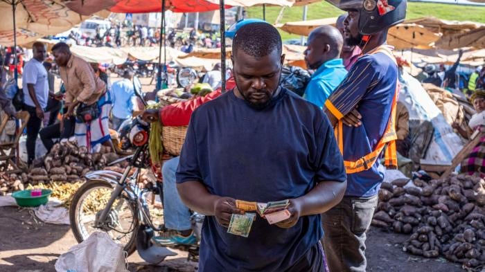 A trader counts out Ghanaian cedi banknotes