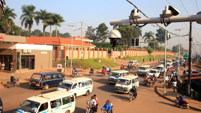 Traffic flows under the surveillance closed-circuit television camera (CCTV) system along Bakuli Street in Kampala, Uganda, 4 August,2019.