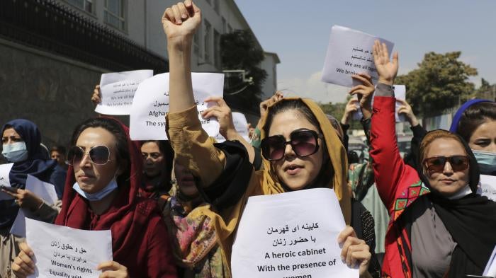 Women gather to demand their rights under Taliban rule during a protest in Kabul, Afghanistan, September 3, 2021.