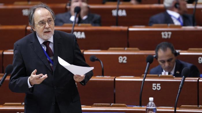 Former Switzerland Council of Europe investigator Dick Marty delivers a speech at the Parliamentary Assembly of the Council of Europe in Strasbourg, October 6, 2011.