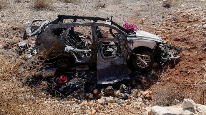 The car that three girls and their grandmother were killed in during an Israeli airstrike in the outskirts of the southern town of Aynata, Lebanon, November 6, 2023.