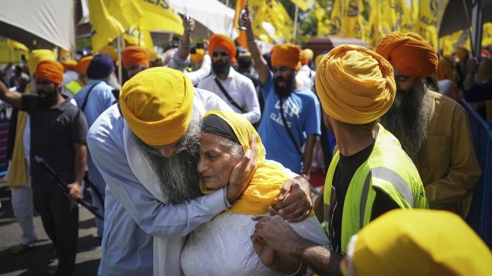 People mourn Sikh community leader and temple president Hardeep Singh Nijjar during funeral services for him, in Surrey, British Columbia, Canada, June 25, 2023.