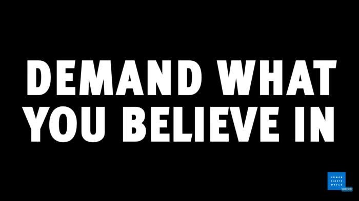 Screen shot of video showing text "Demand what you believe in"
