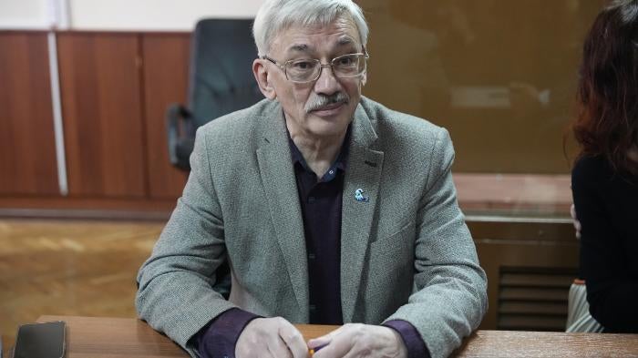 Oleg Orlov in court in Moscow, Russia, October 11, 2023. 