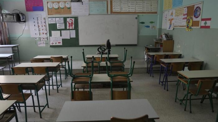An empty classroom in a closed public school is seen in Beirut, Lebanon, March 2, 2023.