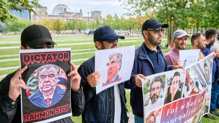 Various groups protest against the visit of Tajikistan President Emomali Rahmon and other Central Asian leaders to Berlin, Germany, September 29, 2023.