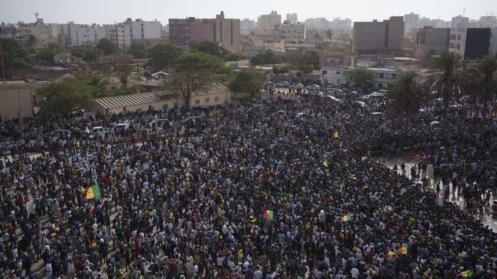 People protest the possibility that President Macky Sall could run for a third term in the presidential elections scheduled for February 2024 in Dakar, Senegal, on May 12, 2023.