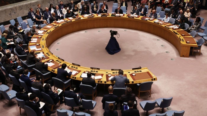 Members meet for a United Nations Security Council meeting in New York City, July 17, 2023.