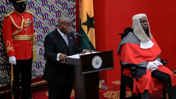 Ghanaian President Nana Akufo-Addo delivers his annual state of the nation address to the parliament in Accra, Ghana, March 30, 2022.