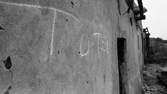 One of many houses marked with the word "Tutsi" stands in a deserted village in eastern Rwanda, just a few kilometers from a church at Nyarubuye in which more than 1,000 people were massacred by Hutu militiamen.