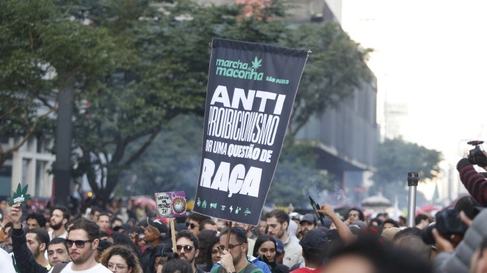 Protesters supporting marijuana reform at the 15th Marijuana March, in the city of São Paulo, Brazil, on June 17, 2023.