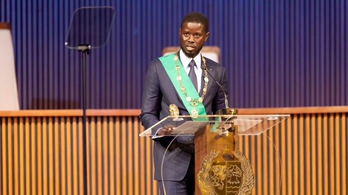 Bassirou Diomaye Faye delivers his inaugural speech after being sworn in as Senegal's president in Dakar, Senegal, April 2, 2024.