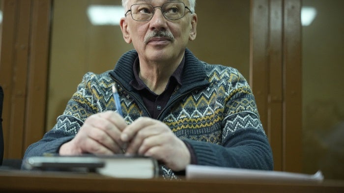  The co-chair of the Nobel Peace Prize winning Memorial Human Rights Centre Oleg Orlov attends a court session for a new trial on charges of repeatedly discrediting the Russian military,  Moscow, Russia, February 26, 2024.