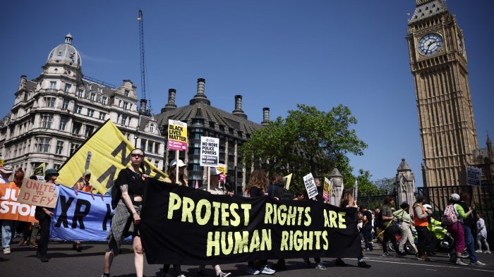 People march for the "Not My Bill protest" to demonstrate against the government's anti-protest laws, anti-strike laws, anti-traveler laws and the illegal migration bill, London, United Kingdom, May 27, 2023. 