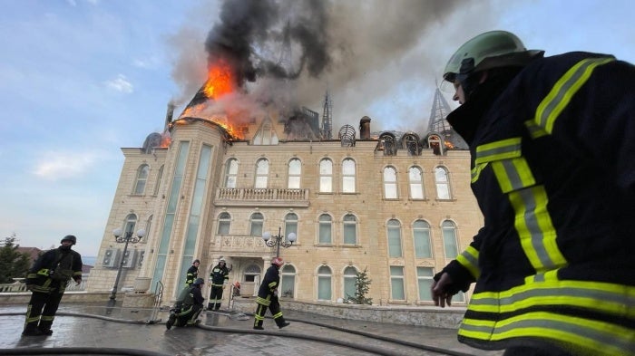 Odesa Legal Academy in flames after a Russian cluster munition attack, April 29, 2024.