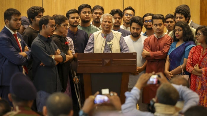 Nobel laureate Muhammad Yunus after his arrival at the airport in Dhaka, Bangladesh, on August 8, 2024.
