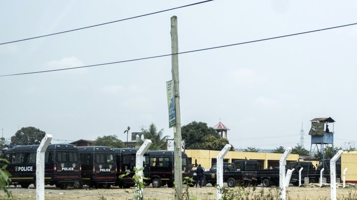 Police vehicles outside the Makala Central prison in Kinshasa, Democratic Republic of the Congo, after an attempted jailbreak left many people dead, September 3, 2024. 