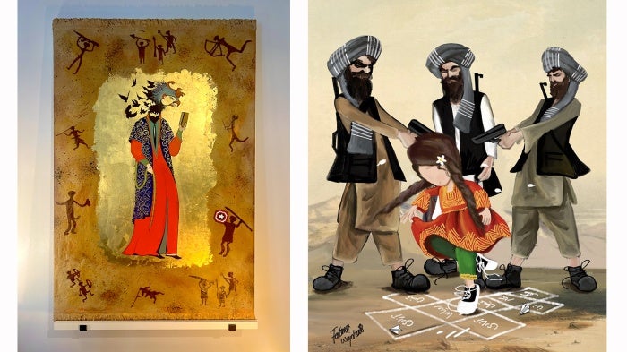 Infinite Power No 5 by Rada Akbar (L) and Monster by Fatima Wojohat