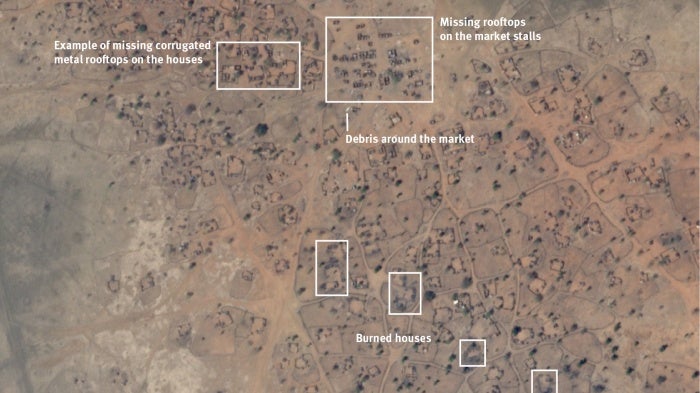 Satellite imagery comparison between September 8, 2023, and April 4, 2024, shows missing corrugated metal rooftops on the market and most of the other buildings in the town of Fayu, South Kordofan, Sudan. Debris is visible around the market as well as some burned houses in the southern part of the town. 