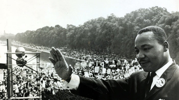Martin Luther King Jr. on the steps of the Lincoln Memorial during the March on Washington for Jobs and Freedom in Washington, DC, August 1963.