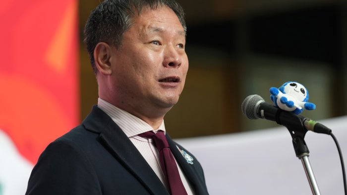 Junichi Kawai, the commissioner of the Japan Sports Agency, delivers a speech in Nagoya, Japan, October 18, 2025. 