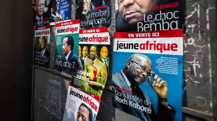 Posters advertising the magazine Jeune Afrique in Kigali, Rwanda, August 2, 2018.