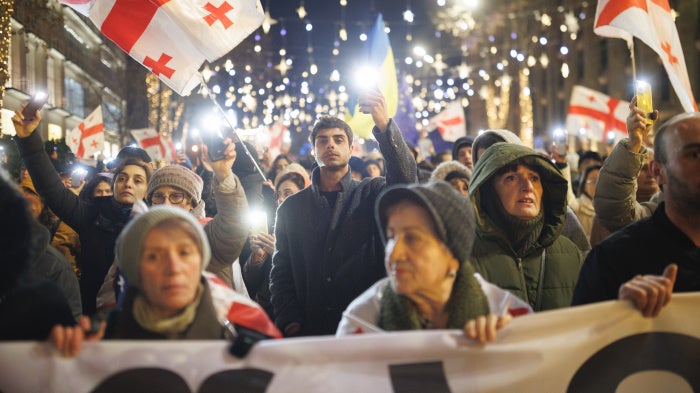 Demonstrators march in Tblisi, Georgia, on January 10,2026.
