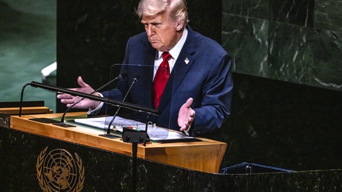 US President Donald Trump speaks at the 80th Session of the UN General Assembly, at the UN headquarters in New York City, on September 23, 2025.