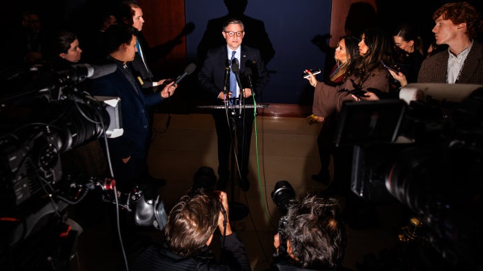 US Speaker of the House Mike Johnson talks to reporters after a closed door briefing with Secretary of State Marco Rubio and Secretary of Defense Pete Hegseth on US military strikes on suspected Venezuelan drug boats, Washington, DC, December 16, 2025. 