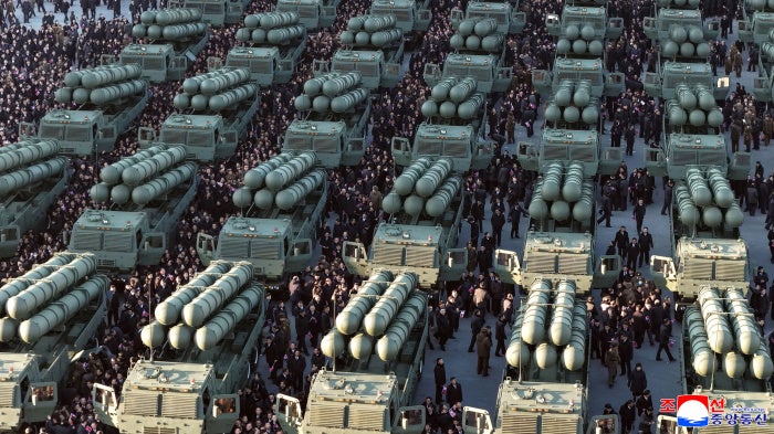The North Korean government shows new launch vehicles for nuclear-capable short-range missiles during a military ceremony in Pyongyang, February 18, 2026. 