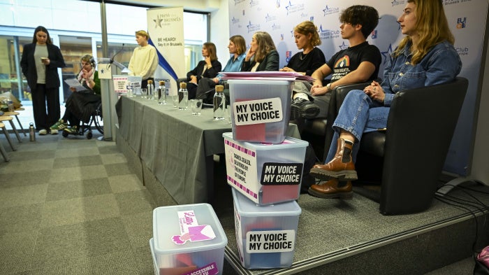 Activists and representatives of the European Citizens’ Initiative "My Voice, My Choice" hold a press conference at Press Club Brussels Europe, presenting their campaign for safe and accessible abortion across the EU, after meeting with the European Commission, Brussels, Belgium, October, 1, 2025.