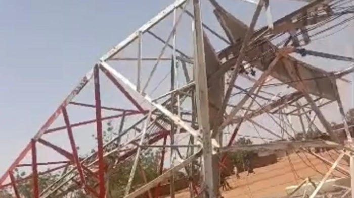 Screenshot from a video shared online on February 14, 2026, showing a demolished telecommunications tower